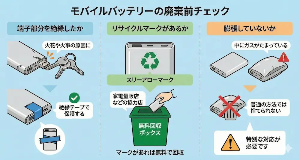 モバイルバッテリーの処分前の確認項目