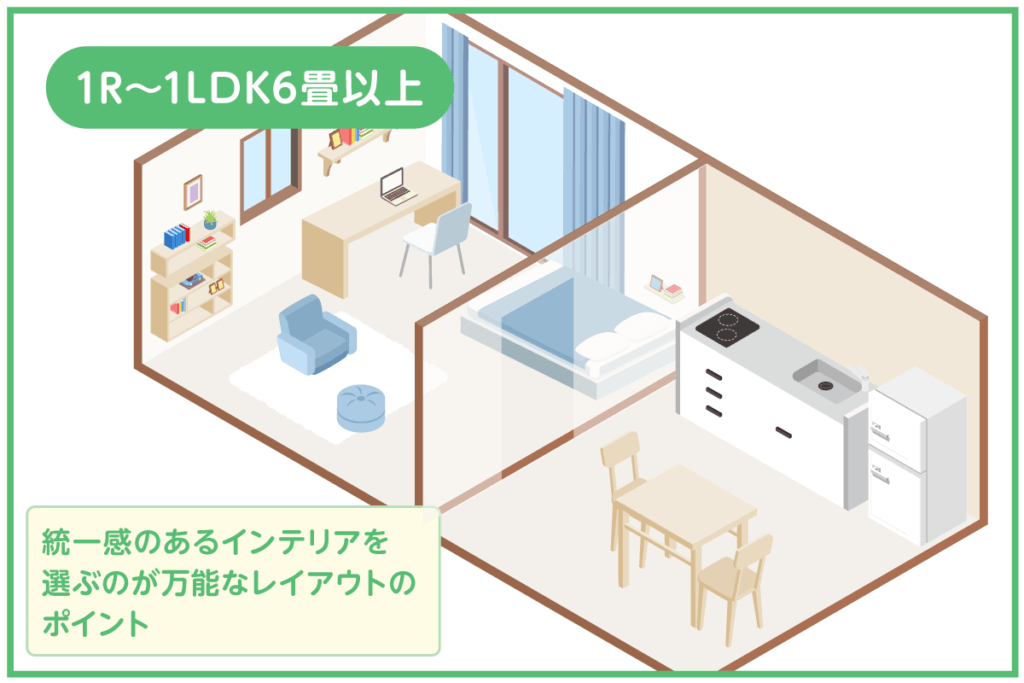1R～1LDK6畳以上：スタイリッシュなインテリアで統一するレイアウト