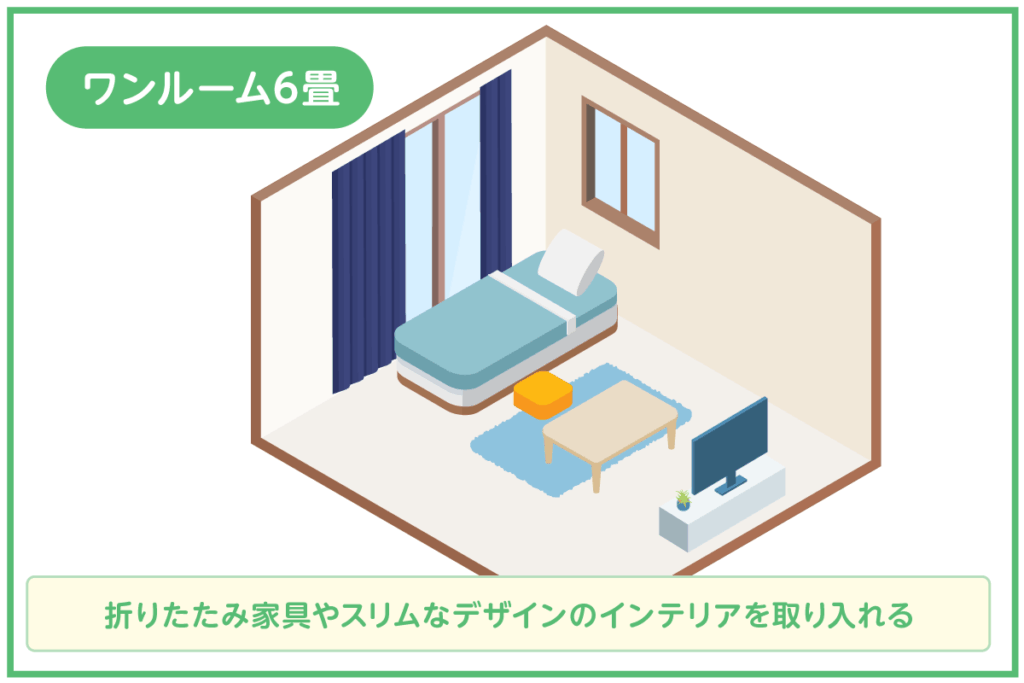 ワンルーム6畳：シンプルでミニマルなレイアウト