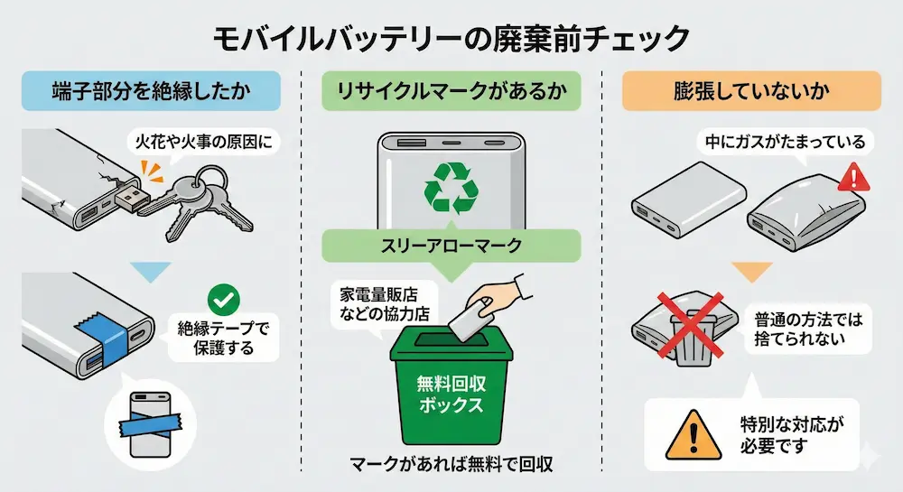 モバイルバッテリーの処分前の確認項目