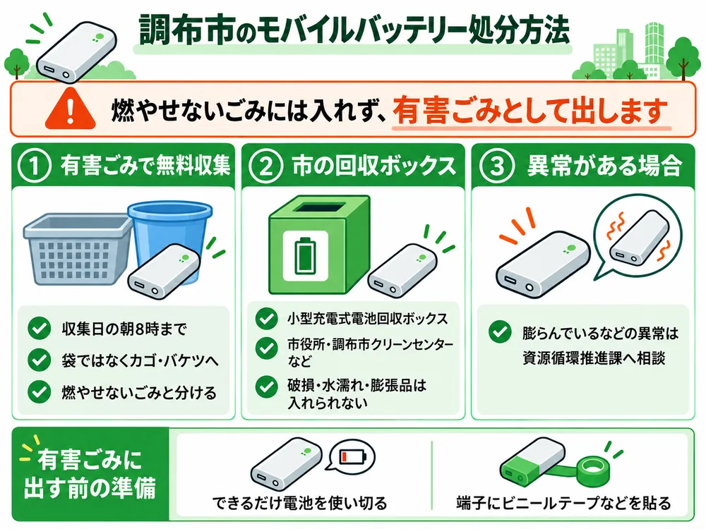 調布市のモバイルバッテリー処分の取り扱い